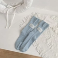 Light blue mid-tube ribbed cotton socks featuring white lucky angel patch detail - One Size / Blue