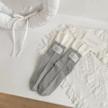 Grey and white knit crew socks with lucky patch and ribbed cuff in sweet Korean style - One Size / Gray with White Trim