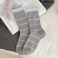 Japanese style grey and blue striped mid-calf socks with heart embroidery detail - Grey Heart Embroidery Striped