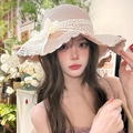 Pink straw sun hat with white lace trim and floral accents for beach vacations - Pink (D-217)