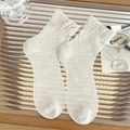 White lace mesh crew socks with vintage ruffle cuffs and star pattern details - Beige