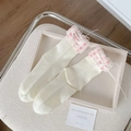Beige mid-calf socks with pink checkered cuffs and delicate white ribbon bows - One Size / Pink Plaid Ruffle (Off-White)