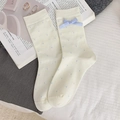 Cute cream mid-calf socks with blue polka dots and a bow tie for women - Cream Blue Polka Dot Bow