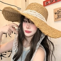 Vintage beige straw sun hat for women featuring delicate white lace trim and mesh veil - Khaki Wide Brim Straw Hat (D-420)