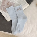 Hellblaue gerippte Socken für Damen mit grauer Schleife und gewelltem Saum - Hellblau Grau Schleife Wellensaum