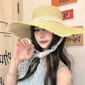 Yellow straw sun hat with wide frayed brim and elegant white lace ribbon tie - Beige Wide Brim Straw Hat (D-420)