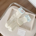 Chaussettes mi-mollet blanc crème à revers damier bleu clair et nœuds en ruban - Taille unique / Volant à Carreaux Bleu (Blanc Cassé)