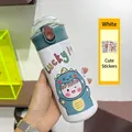 White cartoon insulated water bottle with dinosaur print and lucky stickers - White