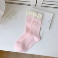 Calze rosa con bordo a volant bianco crema e dettagli con delicato fiocco di nastro - Rosa