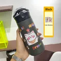 Matte black stainless steel cartoon thermos with handle and cute cat stickers set - Black