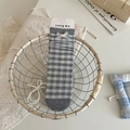 Grey gingham patterned socks with delicate white satin bow detail and brand tag - Gray Plaid with Bow
