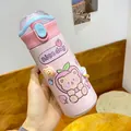 Pink cartoon stainless steel vacuum bottle with bear pattern and cute stickers - Pink