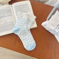 Calze in maglia a quadri azzurri con bottoni decorativi e raffinati bordi a volant - Taglia unica / Blu