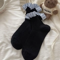 Chaussettes hautes noires avec dentelle à carreaux bleus au style scolaire japonais - Taille unique / Noir