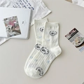 White cotton mid-calf socks with cute cartoon dog pattern and blue ribbon bow - All-over Dog Pattern