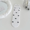 White Japanese style mesh socks with black bows and wave edges in premium cotton - White Base Black Bow