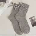 Cute grey mid-calf socks with 3D embossed bear patterns and silk bow decorations - One Size / Gray