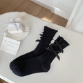 Ballet style black crew socks with ruffled edges and elegant satin bows for women - Black