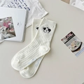 Off-white ribbed cotton socks featuring cute cartoon dog embroidery and Good Day text - Single Dachshund Pattern