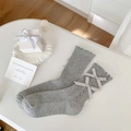 Grey ballet-style knee-high socks with satin bows and ruffled lettuce trim - Gray