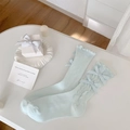 Mint green ruffle trim socks with three silk bows and vertical knit patterns - Cyan