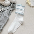 Chaussettes blanches côtelées style ballet avec triples volants bleu ciel élégants - Taille unique / Blanc avec bordure bleue