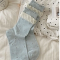 Calze azzurre a pois grigi con bordo in pizzo a balze bianco crema elegante - Taglia unica / Pois blu