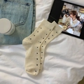 Creamy beige polka dot mid-calf socks with waffle texture and black heart embroidery - One Size / Light Yellow