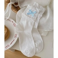 Sweet white ankle socks featuring blue plaid bow knots and ruffled lace edges - One Size / White Base Blue