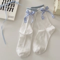White cotton mid-calf socks with blue bow and checkered trim for a Japanese JK style - White Lattice Bow Jacquard (SY25007) / White