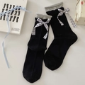 Black JK crew socks with grey ruffled edge and purple plaid bow tie decoration - Black with Grey Ruffle Bow (SY25007) / Black