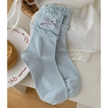 Light blue socks with double layered frills and blue checkered bow in sweet girl style - One Size / Blue