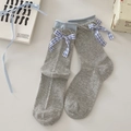 Light gray cotton socks with light blue rolled cuff and checkered plaid bow decoration - Grey with Blue Rolled Edge Bow (SY25007) / Gray