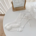 White mesh crew socks featuring elegant ribbon bows and sweet heart pattern cutouts - One Size / Plain Mesh Style