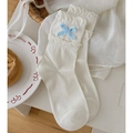 Creamy white crew socks with double ruffle cuffs and blue gingham bow accent - One Size / Beige