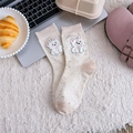 Chaussettes en coton beige chiné avec patch en peluche d'ours blanc en 3D - Taille unique / Blanc Cassé