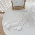 Sweet white heart mesh socks with ribbon bows and delicate hollow-out pattern - One Size / Polka Dot Hollow Style