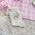 Calzini bianco crema con volant, ricamo a forma di cucciolo e dettaglio fiocco rosa - Stile Volant Ricamo Cucciolo(TAN08)
