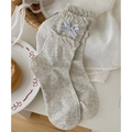 Light grey ruffle socks with blue plaid bow accent in a sweet Korean aesthetic - One Size / Light Gray
