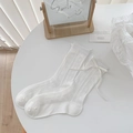 White heart mesh crew socks with delicate silk ribbon bow in Korean sweet style - One Size / Heart Mesh Style