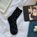 Sweet black crew socks with small white heart dots and vertical ribbed texture - One Size / Black