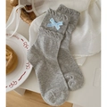 Light gray cotton socks with ruffle trim and blue-white plaid bow decoration - One Size / Dark Gray