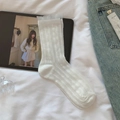 White lace trim crew socks with hollow vertical stripes and elegant mesh ruffle details - White