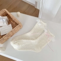 Calze Lolita bianco crema con bordo in pizzo e fiocchi di nastro rosa decorativi - Taglia unica / Beige