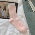 Sweet light pink crew socks with white lace trim and vertical mesh hollow pattern - Pink