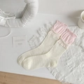 Calze beige da donna con bordi rosa a volant e trama in cotone a costine - Bianco Latte (Bordo Rosa)