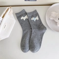 Grey crew socks with white dog embroidery and light blue silk bow decoration - One Size / Gray