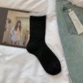 Sweet JK style black crew socks with white lace trim and vertical ribbed knit texture - Black