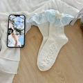 White and light blue Lolita socks with heart-shaped cable knit and ruffled silk trim - One Size / White Base Blue