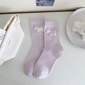 Lavender crew socks with white puppy knit pattern and purple ribbon bow accent - One Size / Purple
